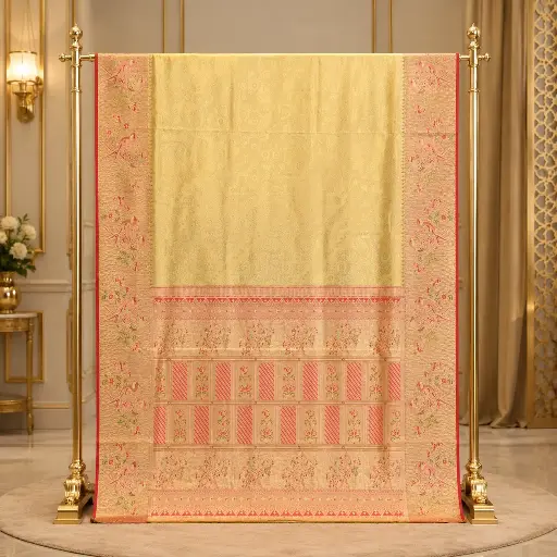 [92209001FR28E1] Elegant Cream Gold Saree with Red Bird Floral Border and Ornate Pallu