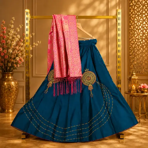 [49118001PZ9254] Women's Teal Blue Lehenga Choli with Gold Embroidery and Pink Dupatta