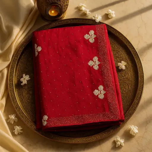 [02417001ED87E3] Exquisite Red Designer Saree with Radiant Stone Embellishments