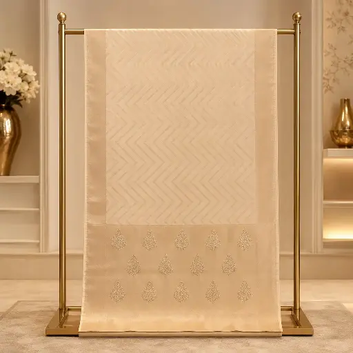 [02417002GE15C8] Off White Saree with Elegant Woven Pattern and Embroidered Border
