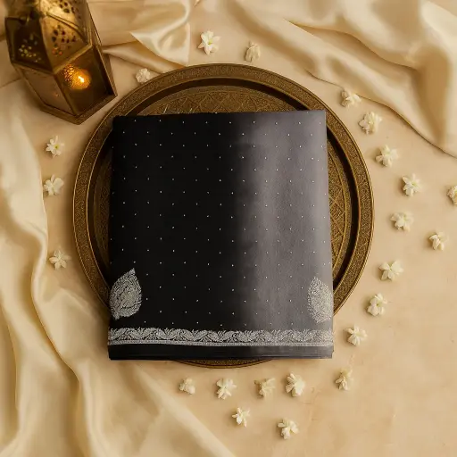[02417001ED77E3] Elegant Black and Grey Ombre Saree with Intricate Border