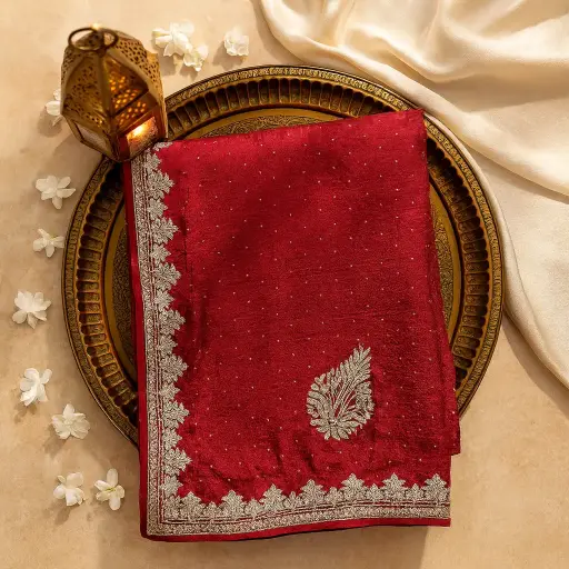 [02417001ED79E3] Exquisite Red Designer Saree with Intricate Stone Work Border