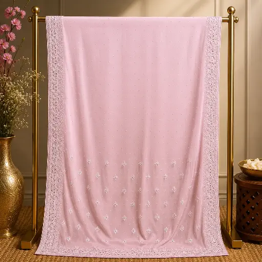 [02417001ED95E3] Pastel Pink Embellished Saree with Silver Floral Lace Border