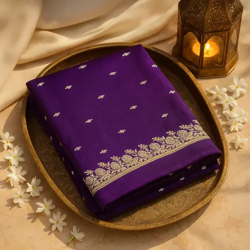 [02417001ED78E3] Elegant Royal Purple Silk Saree with Exquisite Zari Embroidery