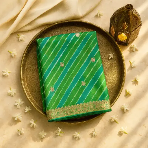 [02413001GD88C8] Elegant Green Stripe Designer Saree with Floral Embroidery Border