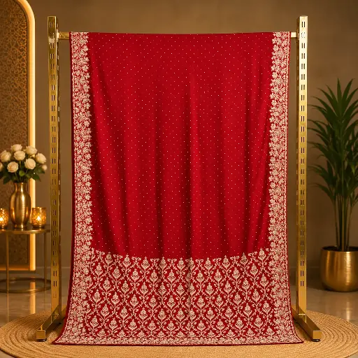 [02413001GL67E3] Women's Red Designer Saree with Gold Floral Embroidery, Dotted Work