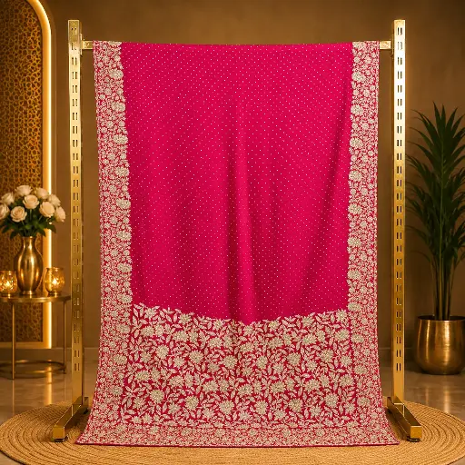 [02413001EE15E3] Rani Pink Saree with Gold Dot Work and Heavy Floral Embroidered Border