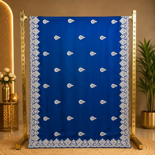 [02413001ED81E3] Women's Royal Blue Designer Saree with Silver Paisley Embroidery