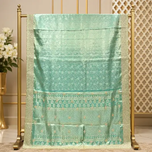 [02410001ED73E3] Women's Mint Green Saree with Floral Jacquard Weave and Beaded Border
