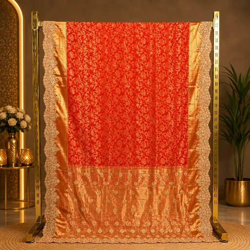 [02410001ED68E3] Women's Orange Gold Designer Saree with Floral Weave and Embroidered Border