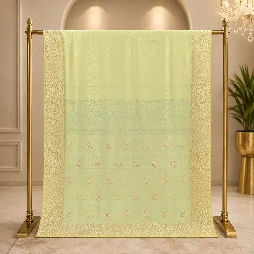 [02410001FA81D4] Women's Pista Green Saree with Golden Paisley Embroidered Border