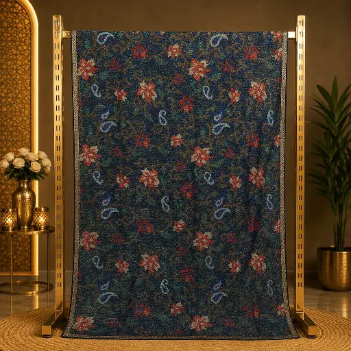 [02413001EE18E3] Women's Navy Blue Designer Saree with Floral Paisley Print and Shimmer Finish