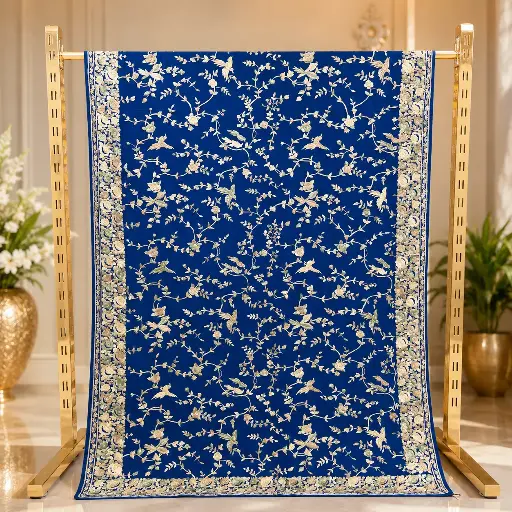 [02413002EE20E3] Royal Blue Floral Bird Embroidered Saree with Ornate Border