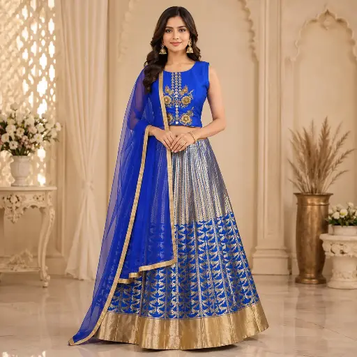 [11605001TU4037] Women's Royal Blue Gold Woven Lehenga Choli with Net Dupatta