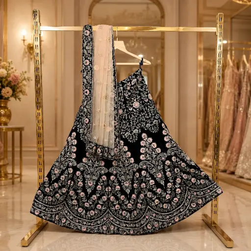 [60621008NX8173] Women's Black Embroidered Lehenga Choli with Net Dupatta