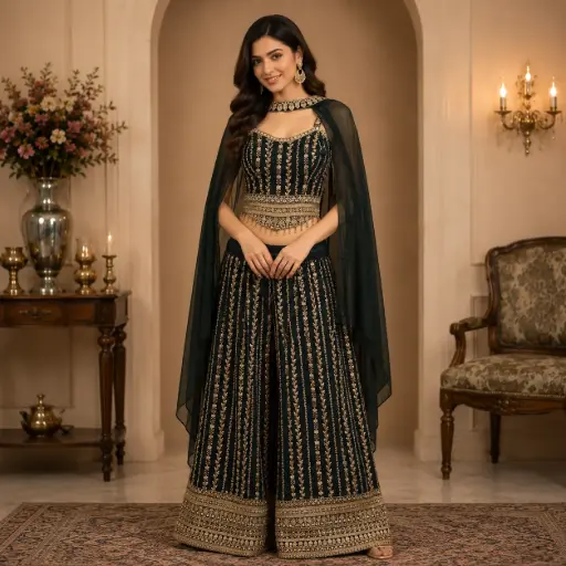 [87625025EA79E2] Women’s Black Embroidered Palazzo Set with Cape Dupatta, Designer Crop Top