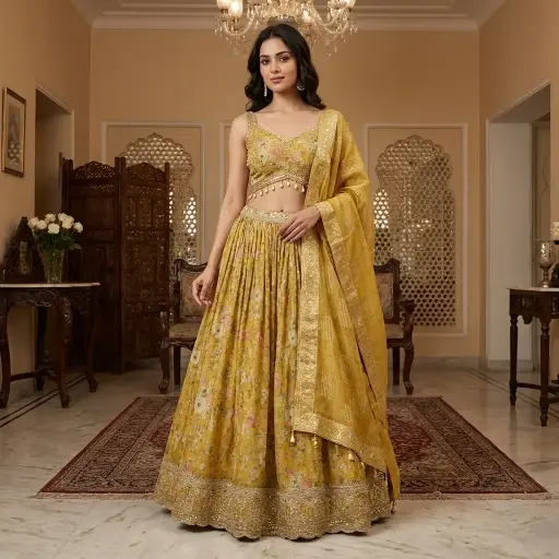 [87625037EG75E4] Mustard Yellow Floral Silk Lehenga Set with Zari Dupatta