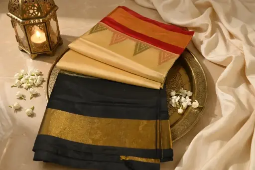 [10409001GC31C8] Classic Beige Silk Saree with Temple Border and Zari