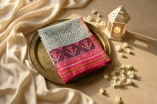 [83709001GC09C7] Grey and Rani Pink Handloom Ikat Silk Saree
