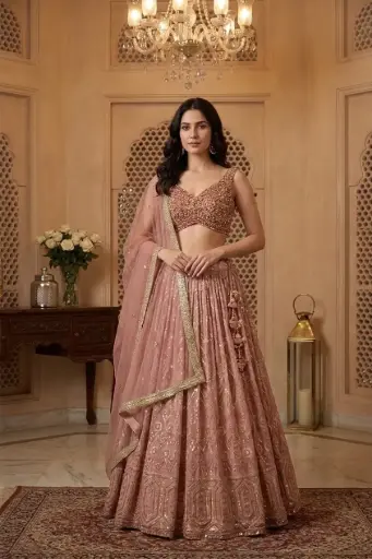 [69142018IN50A9] Peach Georgette Embroidered Lehenga Choli Set with Net Dupatta