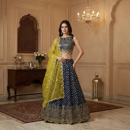 [69142021WB56A3] Navy Blue Embroidered Crop Top Lehenga with Chartreuse Dupatta