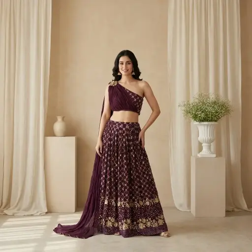 [69142034JL94A3] Wine Georgette One-Shoulder Draped Crop Top and Skirt Set