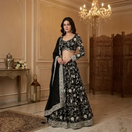 [69142040MD50D2] Black Georgette Embroidered Lehenga Choli Set with Dupatta