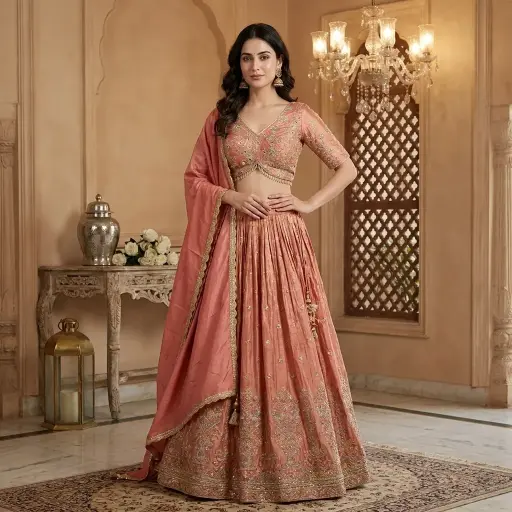 [69142066TL48D2] Gajri Pink Silk Embroidered Crop Top Lehenga Set