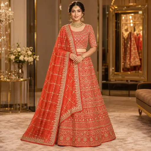 [69818001YN5296] Women's Orange Gold Embroidered Lehenga Choli with Net Dupatta