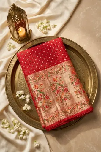 [83112001EL43E6] Scarlet Red Bandhani Saree with Meenakari Woven Zari Border