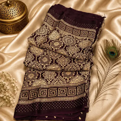 [83112001FW63E1] Deep Purple Floral Printed Cotton Silk Saree with Greek Key Border