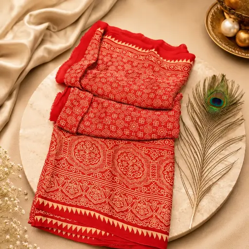 [83112001GB81C7] Women's Red White Tribal Printed Saree