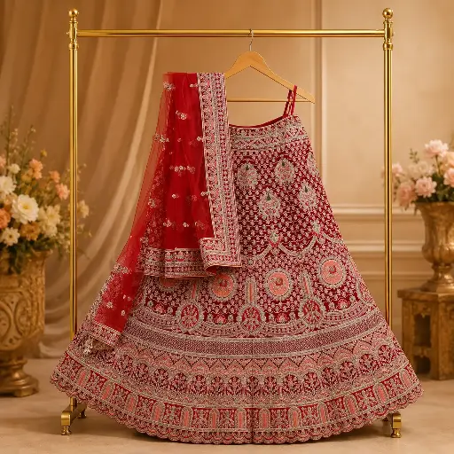 [66118001JB7798] Women's Maroon Lehenga Choli with Elephant Embroidery and Net Dupatta