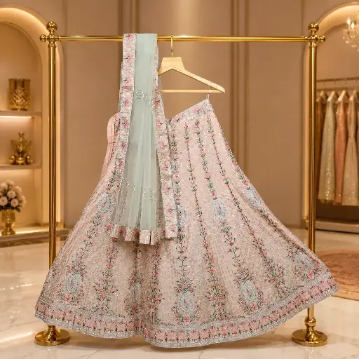 [66118001VV94A7] Women's Peach Lehenga Choli with Floral Embroidery and Mint Net Dupatta