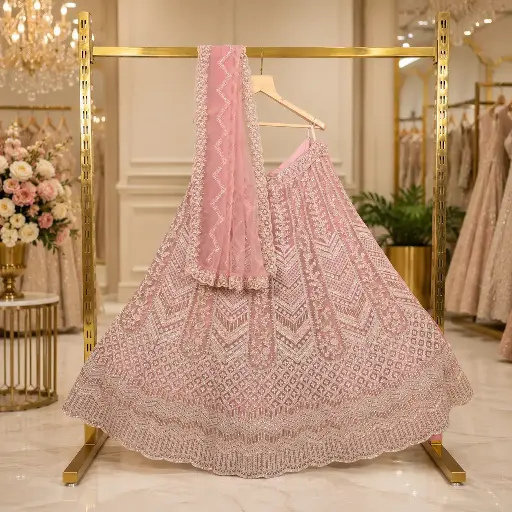 [66142001LN53E2] Women's Blush Pink Lehenga Choli with Heavy Sequin Embroidery and Net Dupatta