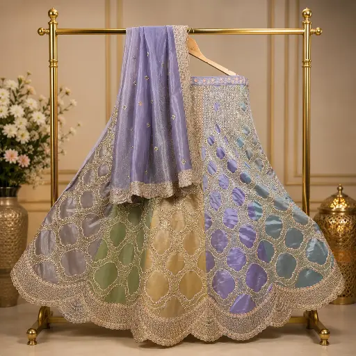 [66142001QF49E2] Women's Multicolor Pastel Lehenga Choli with Mirror Embroidery & Dupatta