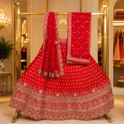 [66142001TQ26E2] Women's Red Bridal Lehenga Choli with Gold Embroidery and Net Dupatta