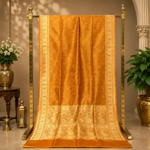 [74809001FQ14E0] Elegant Mustard Gold Woven Saree with Intricate Floral Design