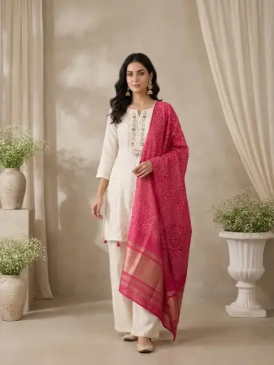[87243002GX52D3] Ivory Embroidered Silk Kurti Pant Set with Pink Bandhani Dupatta