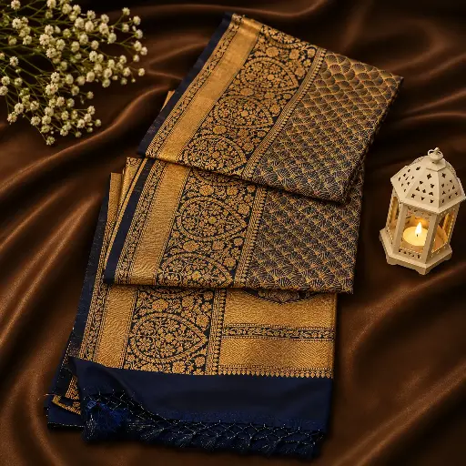 [75217001HX03C2] Navy Blue Banarasi Silk Saree with Rich Gold Zari Woven Border