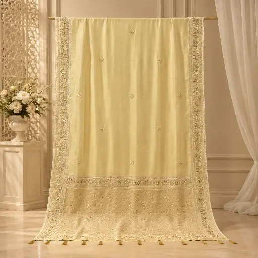 [75209001FW29E2] Cream Embellished Saree with Floral Embroidered Border for Festive Evening and Wedding Wear Look