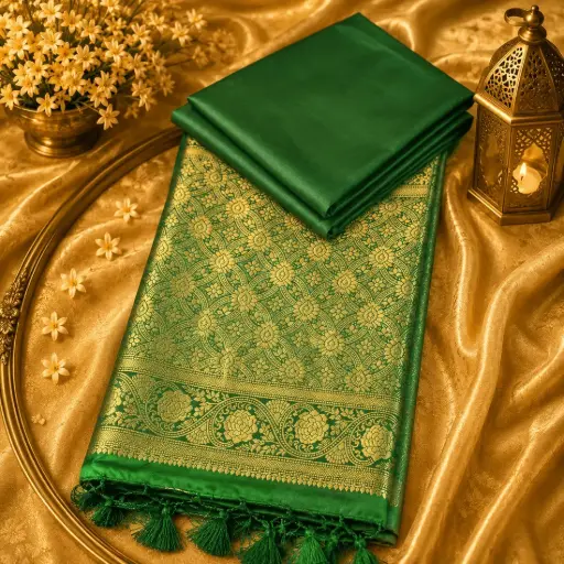 [75209001GP23D0] Emerald Green Banarasi Silk Saree with Rich Gold Zari Woven Border & Traditional Party Wear Design 