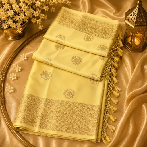 [75209001GP25D0] Elegant Golden Beige Banarasi Silk Blend Saree with Rich Zari Border & Tassel Pallu for Women 
