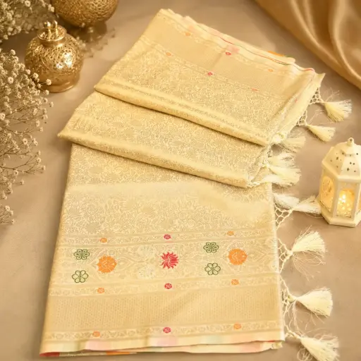 [75209001GP98D3] Elegant Cream Banarasi Silk Saree with Multicolor Floral Weave & Tassel Pallu