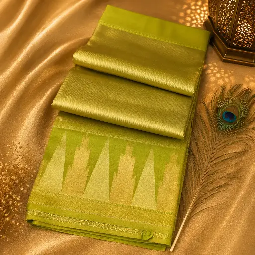 [75209001GQ00D1] Lime Green Soft Silk Saree with Gold Zari Body & Geometric Pallu Border 