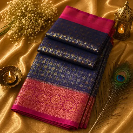 [75209001IR95B1] Royal Blue Banarasi Silk Saree with Pink Border & Gold Zari Weaving