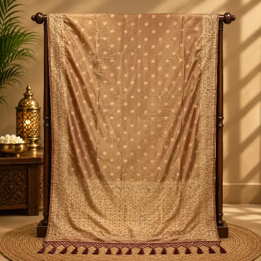 [75209053FP15E8] Beige Gold Embroidered Saree with Floral Motifs, Sequin Border