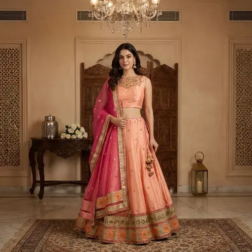 [06018001VM7827] Peach Dupion Silk Embroidered Lehenga Set with Rani Pink Dupatta