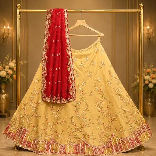 [79718017HB32B7] Beige Embroidered Lehenga Choli with Red Dupatta