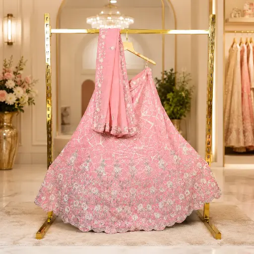 [79718018HH11B7] Women's Pink Lehenga Choli with Sequin Floral Embroidery and Matching Dupatta